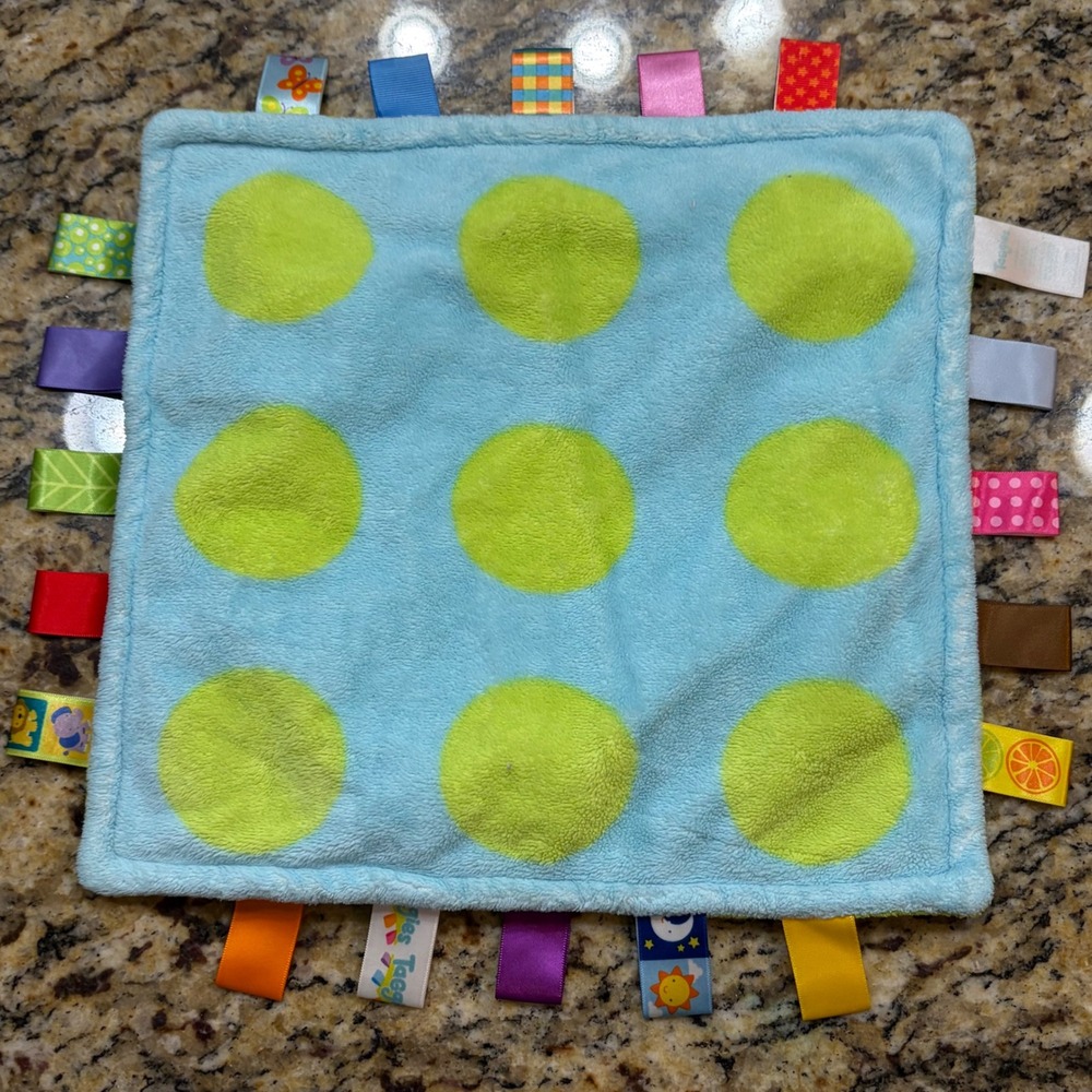 Taggies Baby Security Blanket Blue Green Polka Dot Sensory Lovey Plush 14x14